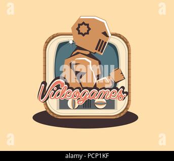 Retro videospiele Design mit retro Fernseher und Videospiel Roboter Zeichen auf gelbem Hintergrund, farbenfrohen Design. Vector Illustration Stock Vektor