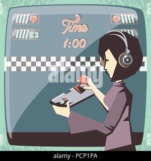 Retro videospiele Design mit Avatar Frau mit Kopfhörer und Spielen von Videospielen über Hintergrund, farbenfrohen Design. Vector Illustration Stock Vektor