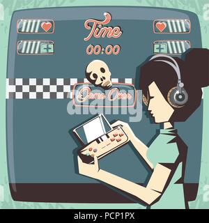 Retro videospiele Design mit Avatar Frau mit Kopfhörer und Spielen von Videospielen über Hintergrund, farbenfrohen Design. Vector Illustration Stock Vektor