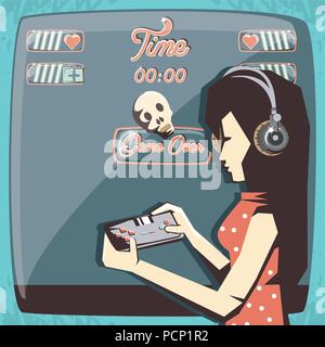 Retro videospiele Design mit Avatar Frau mit Kopfhörer und Spielen von Videospielen über Hintergrund, farbenfrohen Design. Vector Illustration Stock Vektor