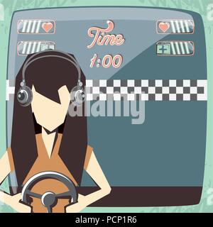 Retro videospiele Design mit Avatar Frau mit Kopfhörer und Lenkrad Controller auf blauem Hintergrund, farbenfrohen Design. Vector Illustration Stock Vektor