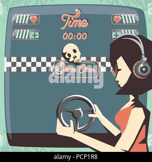 Retro videospiele Design mit Avatar Frau mit Kopfhörer und Lenkrad Controller auf blauem Hintergrund, farbenfrohen Design. Vector Illustration Stock Vektor