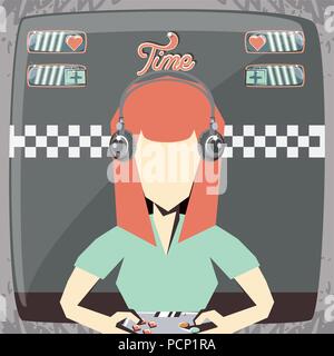 Retro videospiele Design mit Avatar Frau mit Kopfhörer und Spielen von Videospielen über Hintergrund, farbenfrohen Design. Vector Illustration Stock Vektor