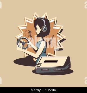 Retro videospiele Design mit Avatar Frau mit Kopfhörer und Lenkrad Controller über braunen Hintergrund, farbenfrohen Design. Vector Illustration Stock Vektor