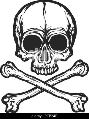 Human Skull mit Knochen Vektor silhouette isoliert auf Weiss. Hand schwarz und weiß Schädel Abbildung gezeichnet. Tätowierung oder Print Design. Transparente backgro Stock Vektor