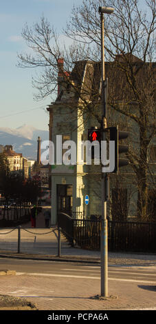 Die Ampel auf der Fußgängerampel leuchtet rot. Verbot der Eintrag auf die Straße. Im Hintergrund bauen und Baum. Stockfoto