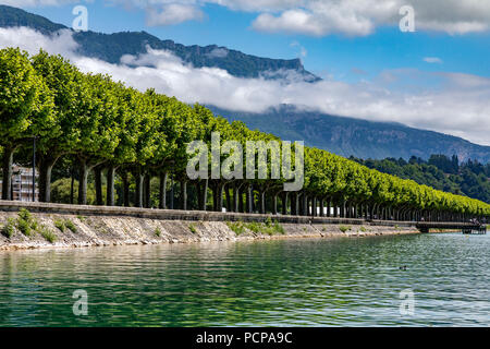 Den von Bäumen gesäumten Boulevard Du Lac im Grand Port in der Nähe von Aix-les-Bains in der Auvergne-Rhone-Alpes im Südosten Frankreichs. Im Osten Stockfoto