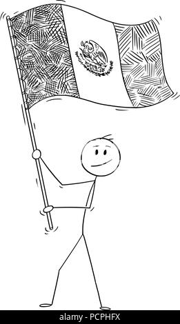 Cartoon von Mann winkt die Flagge der Vereinigten Mexikanischen Staaten oder Mexiko Stock Vektor