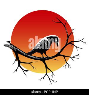Schwarze Raben auf dem Zweig der blattlosen Baum gegen Sonne isoliert auf Schwarz. Vector Illustration Stock Vektor