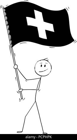 Cartoon von Mann winkt die Flagge der Schweizerischen Eidgenossenschaft oder der Schweiz Stock Vektor