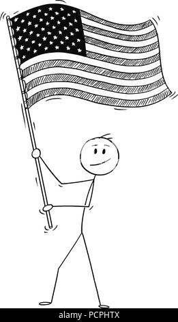 Cartoon von Mann winkt die Flagge der Vereinigten Staaten von Amerika oder USA Stock Vektor