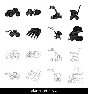 Motoblock und andere landwirtschaftliche Geräte. Landwirtschaftliche Maschinen ein Sammlung Icons in Schwarz, Outline style Vektor Symbol lieferbar Abbildung. Stock Vektor