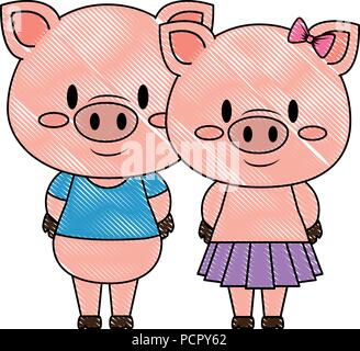 Nett und adorable Paar piggy Zeichen Vector Illustration Design Stock Vektor