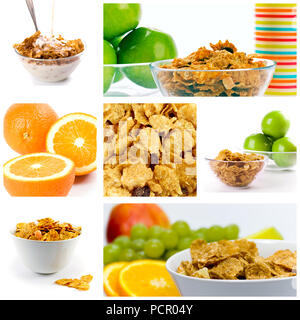 Gesundes Frühstück: Cornflakes mit Milch und Obst. Stockfoto