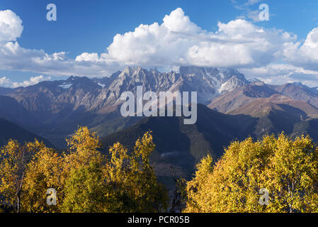 Herbst Landschaft. Gipfel Ushba in Wolken. Birke Wald am Hang. Blick vom Mount Mkheer. Main kaukasischen Ridge. Zemo Swanetien, Georgien Stockfoto