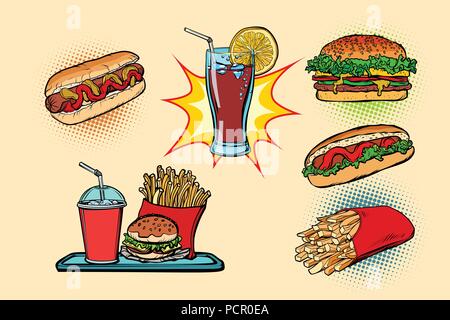 Fast food Set Sammlung hot dog Burger, Cola, Pommes frites Trinken Stock Vektor