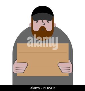 Obdachlose und Pappe. Bettler und leere Platte, Armen. bum Hobo Vector Illustration Stock Vektor