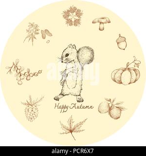 Herbst Tier, Illustration Hand gezeichnet von Eichhörnchen mit Pine Blätter und Früchte, Pilze, Acorn, Kürbis, Apfel, Ahorn, Berry und Erdnüssen. Symbolische EIN Stock Vektor