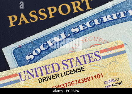 USA Reisepass, Führerschein und Social Security Card. Stockfoto