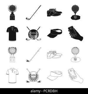 Emblem der Golf Club, Kappe mit einem Visier, Golfspieler, t-shirt, Handy mit Navigator. Golf Club collection Symbole in Schwarz, Outline style Vektor Symbol st Stock Vektor