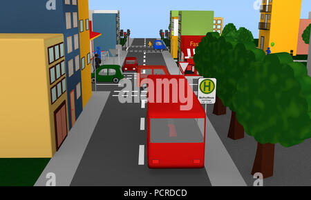 Street Scene mit Stop für einen Schulbus. Text auf Deutsch: School Bus, Wochentage, 3D-Rendering Stockfoto