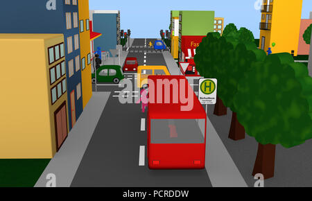 Gefährliche Situation um einen Stopp für einen Schulbus mit Bus und Kind, was hinter es läuft. Text auf Deutsch: School Bus, Wochentage, 3D-Rendering Stockfoto