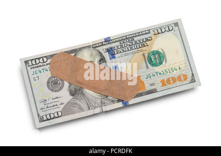 Hundert Dollar Bill mit Bandage isoliert auf Weiss. Stockfoto