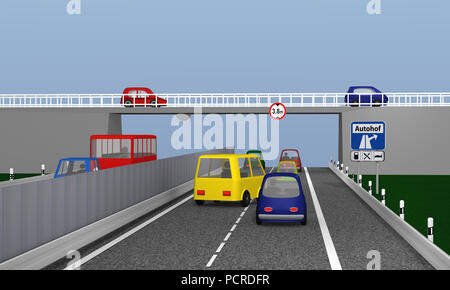 Autobahn mit bunten Autos und Verkehrszeichen. Text Truckstop in deutscher Sprache. 3D-Rendering Stockfoto