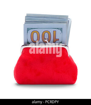 Red Geldbeutel Vollgestopft von Cash isoliert auf weißem Hintergrund. Stockfoto