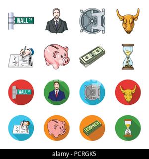 Bank, Business Plan, Bündel von Notizen, Zeit, Geld. Geld und Finanzen set Sammlung Icons im Cartoon, flacher Stil vektor Symbol lieferbar Abbildung. Stock Vektor