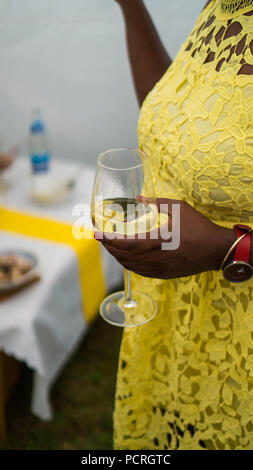 African-american Frau mit einem Glas Wein Stockfoto