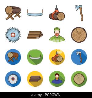 Kreissäge, ein Tischler, ein von Protokollen stack. Ein Sägewerk und Holz set Sammlung Icons im Cartoon, flacher Stil vektor Symbol lieferbar Abbildung. Stock Vektor