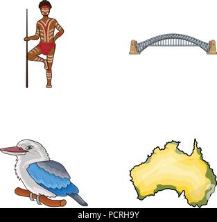 Aborigine mit einem Speer, Sydney Harbour Bridge, kookabarra auf einem Zweig, das Territorium des Landes. Australien Sammlung Icons im Comic-stil vec eingestellt Stock Vektor