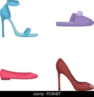 Blaue Sandaletten, hausgemachte lila Hausschuhe mit einem pampon, Ballerinas von pink Frauen, braune Schuhe mit hohen Absätzen. Schuhe Set Sammlung Icons im Auto. Stock Vektor