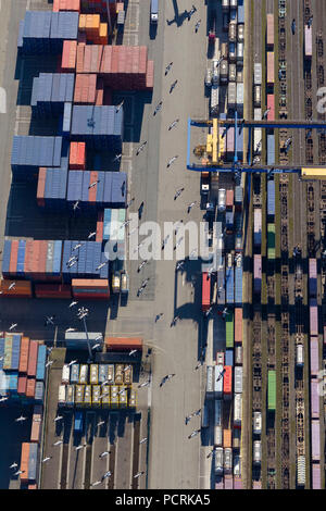 Luftbild, Container Terminal mit Kranichen (Grus Grus), Bliersheim, Container, Logport I, Duisburg-West, Duisburg, Ruhrgebiet, Nordrhein-Westfalen, Deutschland, Europa Stockfoto