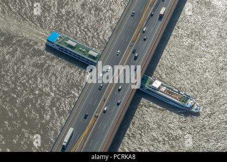 Duisburg, Rhein, Rhein Kreuzfahrtschiff unter A42 Rheinbrücke, Binnenschifffahrt, Luftaufnahme von Duisburg Stockfoto