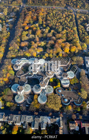 Universität Duisburg-Essen, Universität Duisburg, tin can-förmiges Gebäude, Herbstblätter, Luftaufnahme von Duisburg, Ruhrgebiet Stockfoto