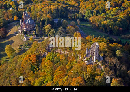 Luftaufnahme, Herbst am Rhein, Drachenfels, Schloss Drachenburg, Königswinter, Siebengebirge, Rheinland, Nordrhein-Westfalen, Deutschland, Europa Stockfoto