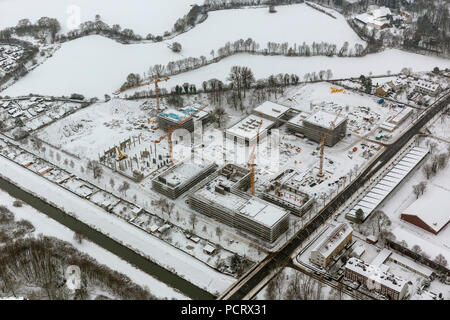 Luftaufnahme, Hamm Lippstadt Fachhochschule, Universität HSLH, Baustelle, Schnee, Hamm, Ruhrgebiet, Nordrhein-Westfalen, Deutschland, Europa Stockfoto