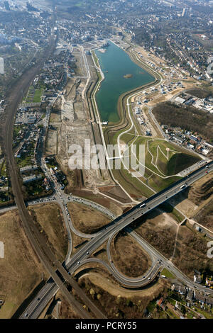 Luftaufnahme, See Phoenix (Phoenix-See), Insel, türkisfarbenes Wasser, Wohnhaus Bau, ehemaligen Hoesch Phoenix Stahlwerk, Hoerde, Emscher, Dortmund, Ruhrgebiet, Nordrhein-Westfalen, Deutschland, Europa Stockfoto