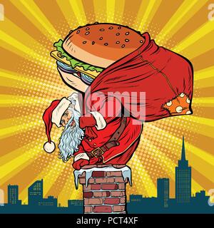 Santa Claus mit einem Burger steigt in den Schornstein. Essen Lieferung Stock Vektor