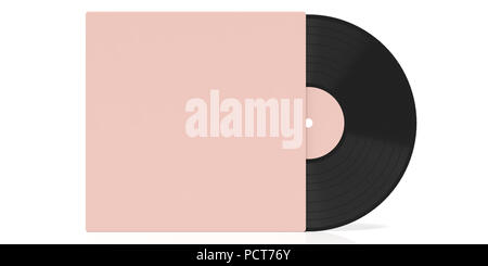 Vinyl Schallplatte LP und rosa Farbe Abdeckung isoliert, Ausschnitt auf weißem Hintergrund, Platz für Text. 3D-Darstellung Stockfoto