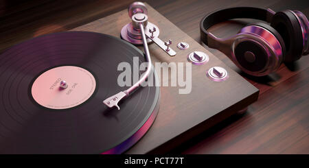 Musik, Sound. Kopfhörer und Vinyl LP Plattenspieler auf hölzernen Hintergrund, Detailansicht mit Details. 3D-Darstellung Stockfoto