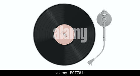 Vinyl LP Plattenspieler isoliert, Ausschnitt auf weißem Hintergrund, Ansicht von oben. 3D-Darstellung Stockfoto