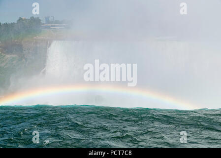 Niagara Falls, Ontario, Kanada. Ansicht der kanadischen Horseshoe Falls von stromaufwärts im Sommer und Touristen im Hintergrund Blick von der amerikanischen Seite. Stockfoto