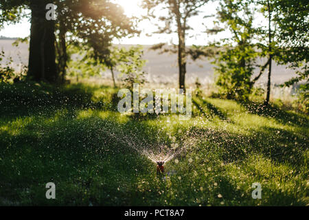 Bewässerung System arbeitet auf einer Wiese Stockfoto
