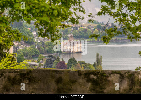 Blick auf das Schloss Chillon in Speicherkraftwerke Veytaux, in der Nähe von Montreux, Genfer See, Kanton Waadt, Schweiz Stockfoto