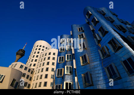 Rheinturm mit Gehry-bauten, Neue Zollhof, Medienharbor, Düsseldorf, Nordrhein-Westfalen, Deutschland Stockfoto