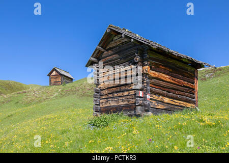 Alte Holzhütten mit dem alten System Blockbau, Naturpark Puez-Geisler, Dolomiten, San Martin de Tor, Bozen, Südtirol, Italien Stockfoto