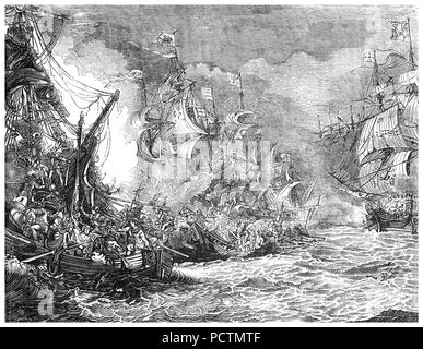 Die spanische Armada unter Angriff der englischen Flotte während der größten Engagement der nicht angemeldeten Anglo-Spanish Krieg (1585 - 1604). Die spanische Flotte von 130 Schiffen gesegelt f Ende Mai 1588, mit dem Ziel der Begleitung eine Armee aus Flandern, um England zu erobern und Königin Elisabeth I. und ihre Errichtung des Protestantismus in England stürzen. Die Armada vor Anker gegangen Calais, wurde aber von einem Englischen fireship Angriff verstreut. Nach der Schlacht von Gravelines die spanische Flotte gezwungen, nach Spanien zurückzukehren. Stockfoto